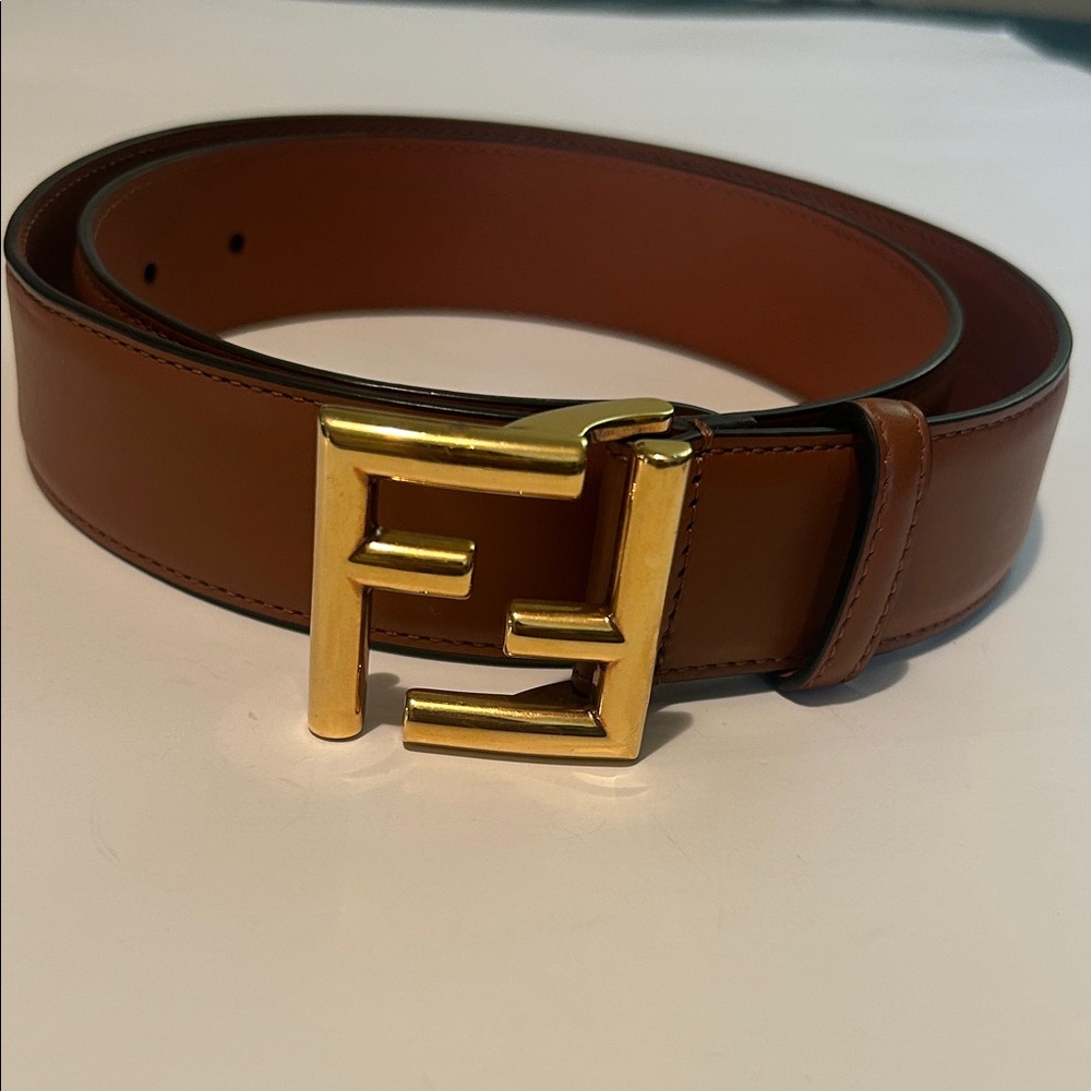 Fendi Tan Leather Belt with Gold Buckle